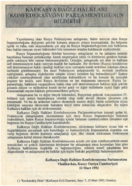 Kafkas Dağlı Halkları Konfederasyonu Parlamentosunun Bildirisi Kafkas Dağlı Halkları Konfederasyonu Parlamentosunun Bildirisi